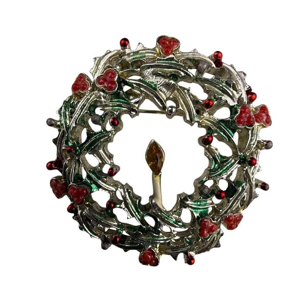 Vintage Unknown Multi-Color Enamel Christmas Wreath Brooch With Candle Pin